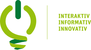 Symbol ähnlich einer Glühbirne in hellgrün mit Texts rechts daneben "Interaktiv, Informativ, Innovativ"